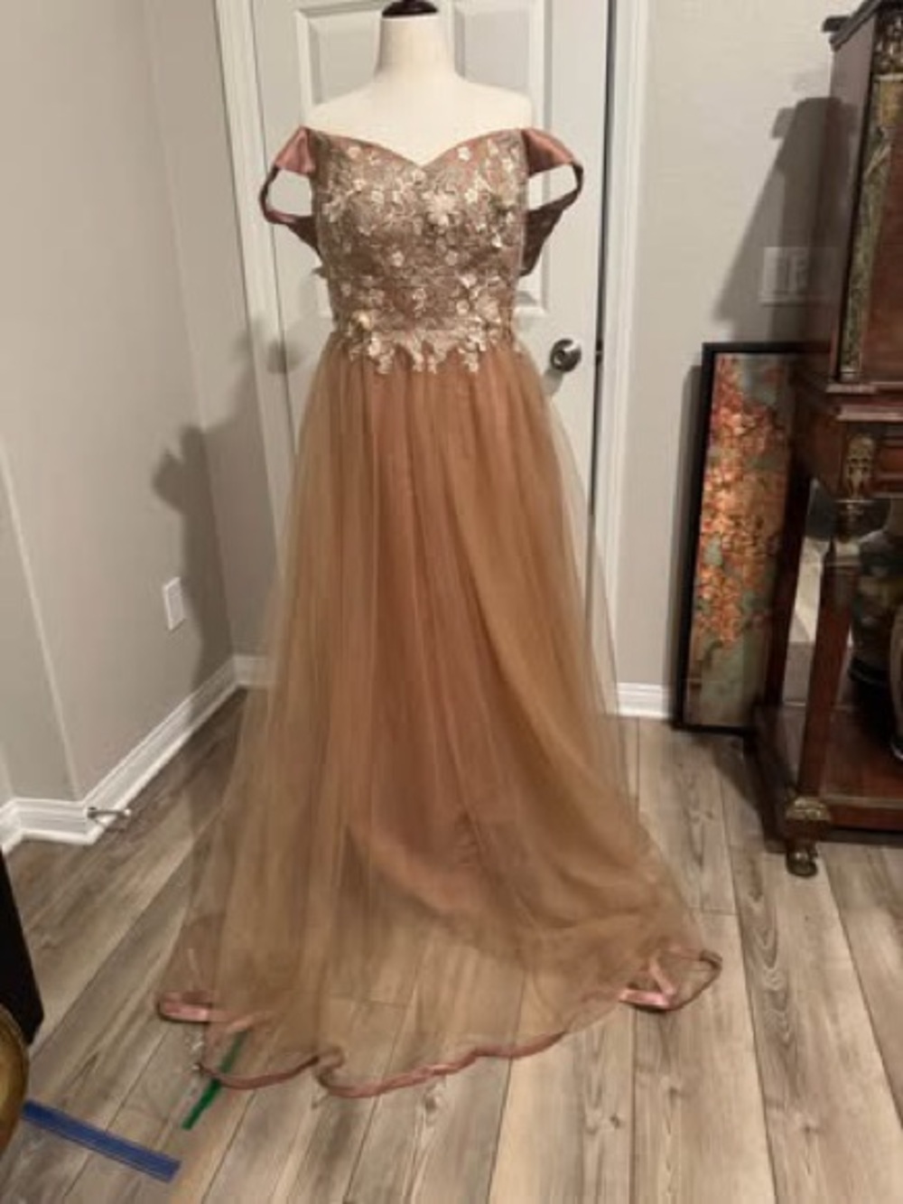 Embroidered Off-Shoulder Tulle Evening Dress in Champagne size Medium